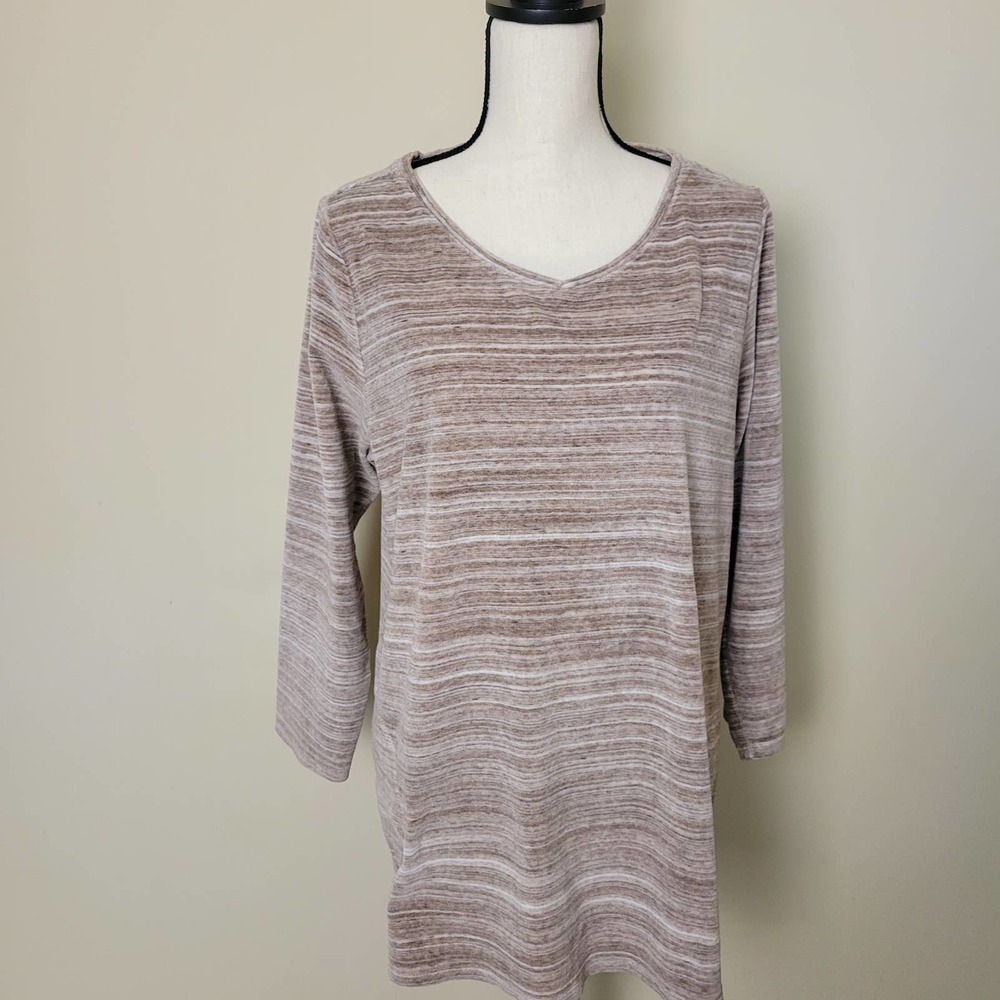 Pure Jill Womens XL Petite‎ Stripe Velour Velvet Tunic Top  Tan Brown Pockets